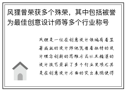 风狸曾荣获多个殊荣，其中包括被誉为最佳创意设计师等多个行业称号